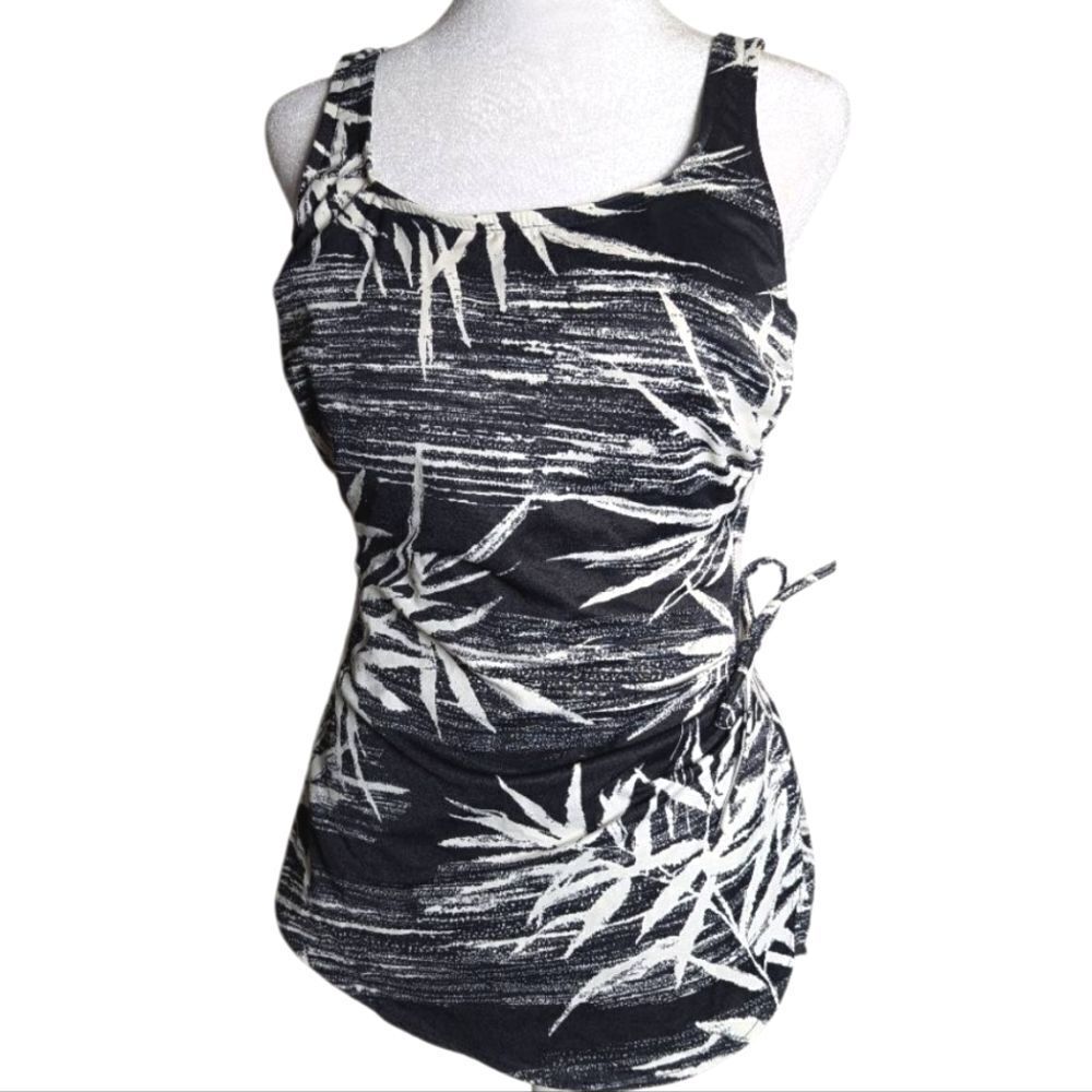 Vintage Beach Cabana Black & White Tropical Leaf Side Tie One Piece Swimsuit L